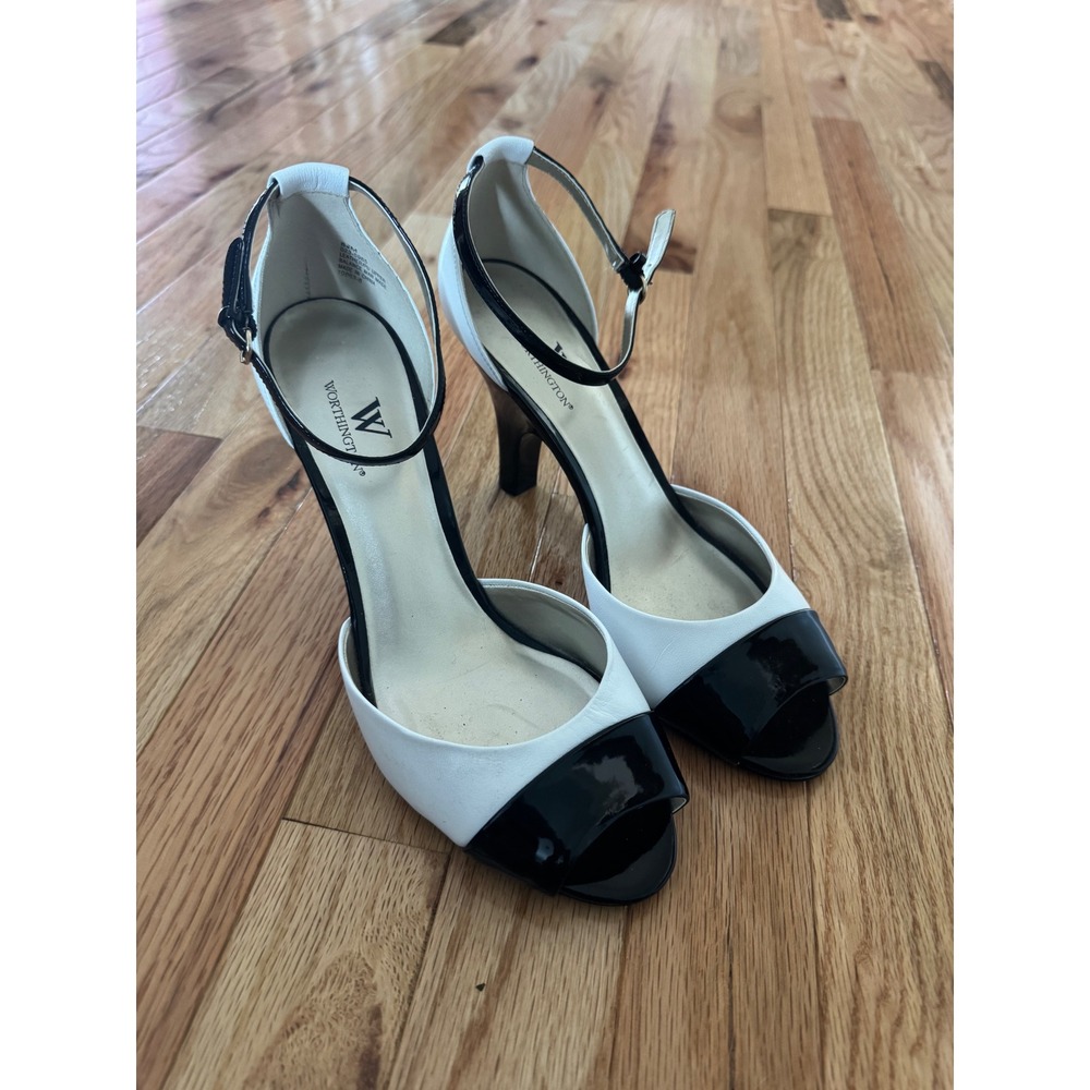 Worthington Womens Black White d'Orsay Peep Toe Ankle Strap Heels Size 8.5M
